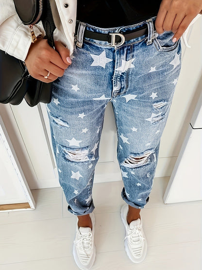 Women Ripped Star Printed Pattern Straight Casual Jeans