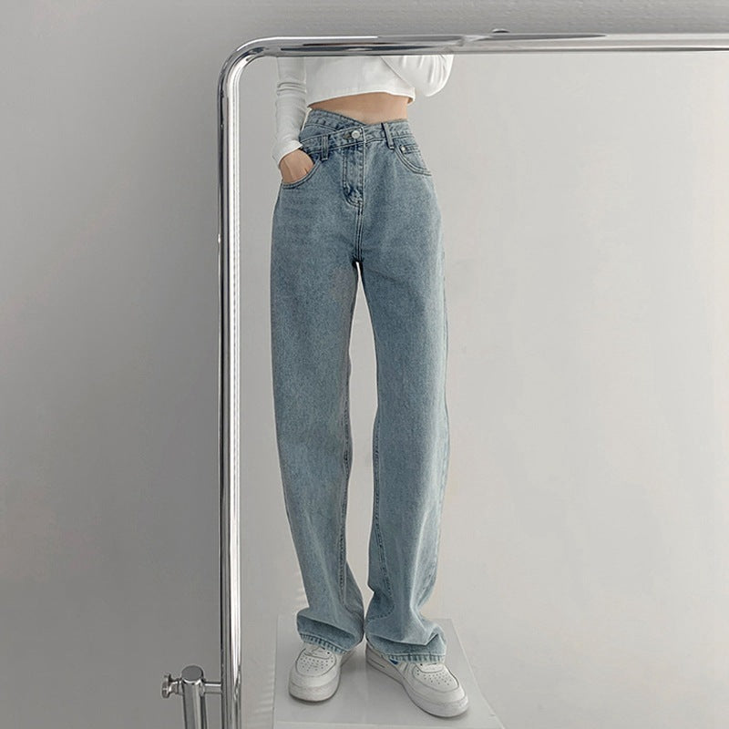 Women Fashion Casual Slant Buckle Irregular High Waist Straight Jeans