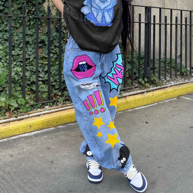 Women'S Fashion Casual Cartoon Printing Loose Denim Pants Wide-Leg Straight Jeans
