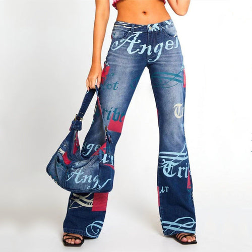 Women Fashion Casual Letter Printing Straight Jeans