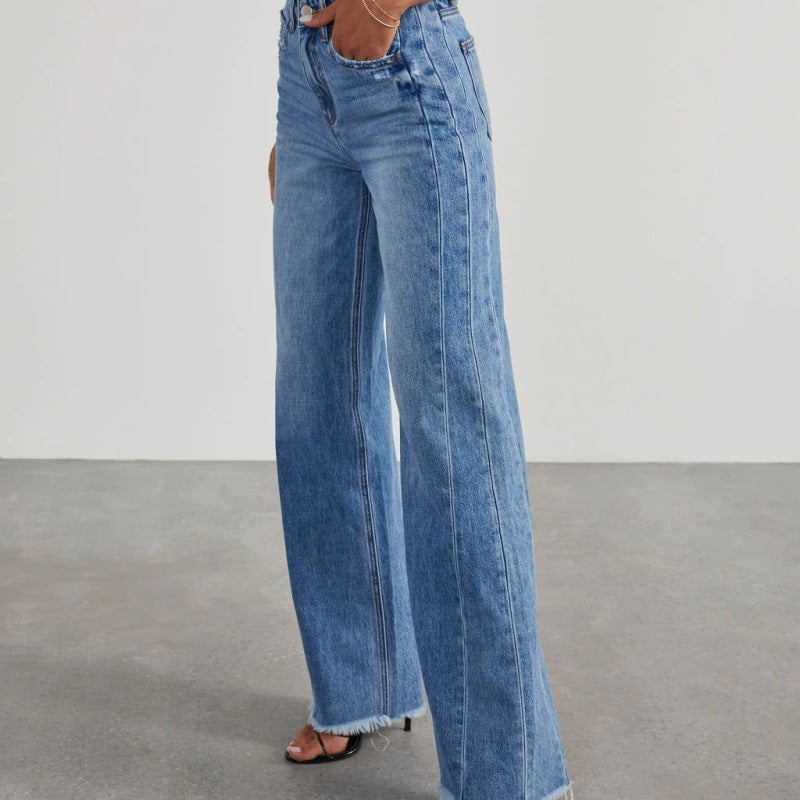 Women Fashion Casual Loose Stitching Grinding Wide Leg Jeans