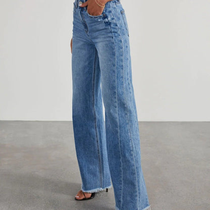 Women Fashion Casual Loose Stitching Grinding Wide Leg Jeans