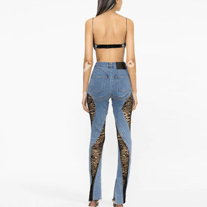 Women Fashion Casual Patchwork Lace High-Waist Straight Jeans