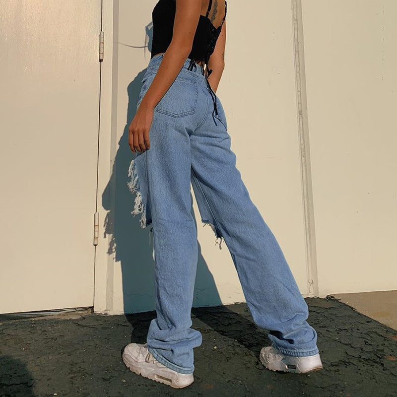 Women Fashion Casual High Waist Ripped Jeans