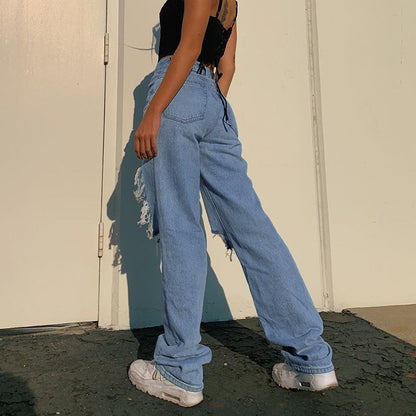 Women Fashion Casual High Waist Ripped Jeans