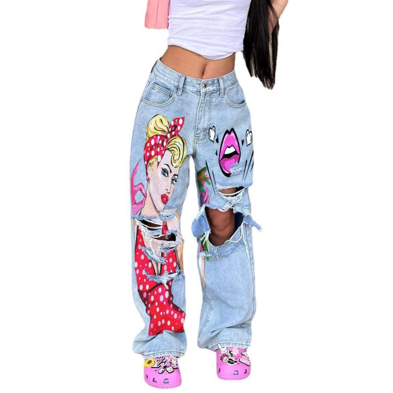 Women Casual Street Vintage Washed High Waist Wide Leg Graphic Ripped Loose Jeans