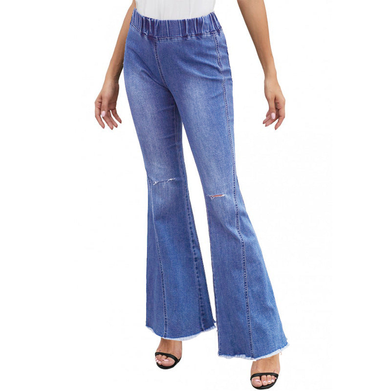 Women Fashion Casual Solid Color Loose Flared Ripped Jeans