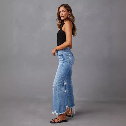 Women Casual Ripped High-Waist Straight Raw Hem Jeans