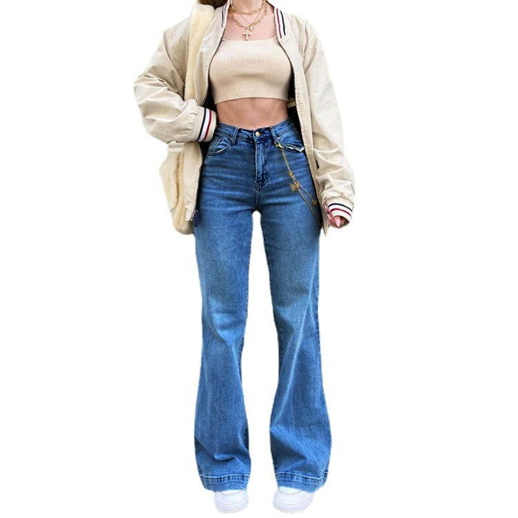 Women Street Casual Mid-Waist Blue Denim Pants Flare Jeans