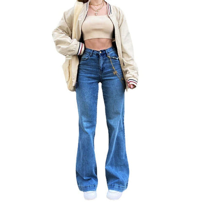 Women Street Casual Mid-Waist Blue Denim Pants Flare Jeans