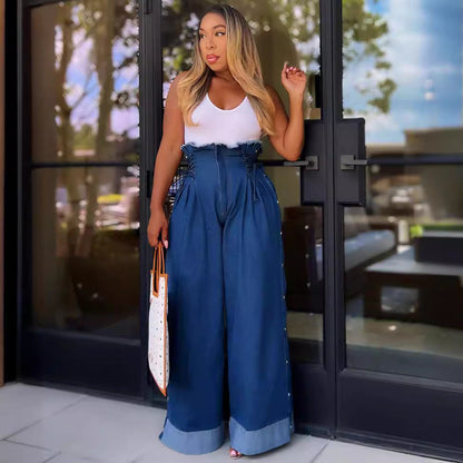 Women Fashion Casual High Waist Wide Leg Jeans