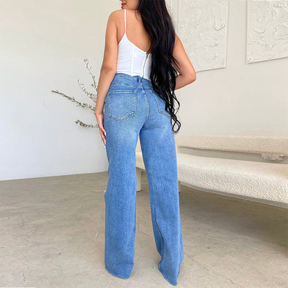 Women'S Casual High Waist Ripped Wide Leg Jeans