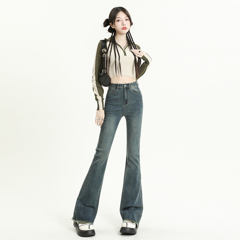 Women Fashion Casual Solid Color Raw Hem Denim Flared Jeans