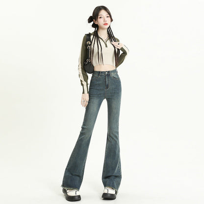 Women Fashion Casual Solid Color Raw Hem Denim Flared Jeans