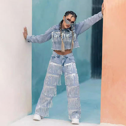 Women Fashion Casual Creative Sequin Tassel Straight Leg Jeans