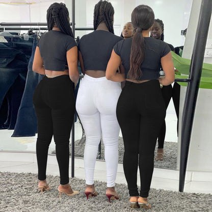 Women Solid Color Casual Tight High Waist High Elastic Skinny Jeans