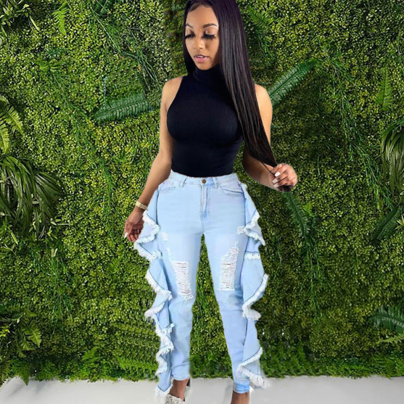 Women Fashion Casual Ripped Ruffled Tassel Skinny Jeans
