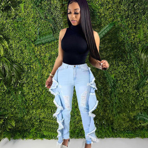 Women Fashion Casual Ripped Ruffled Tassel Skinny Jeans