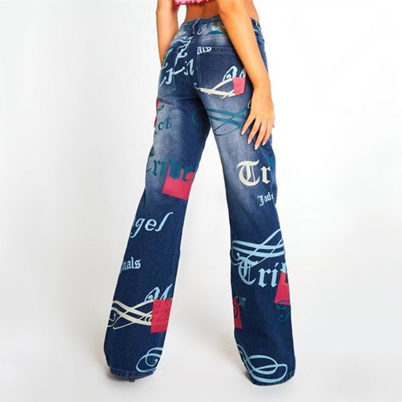 Women Fashion Casual Letter Printing Straight Jeans