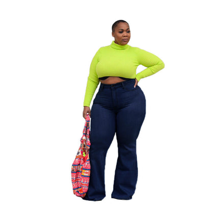 Women Casual Solid Color Plus Size Wide-Leg Jeans