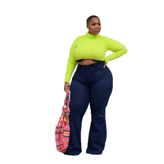 Women Casual Solid Color Plus Size Wide-Leg Jeans