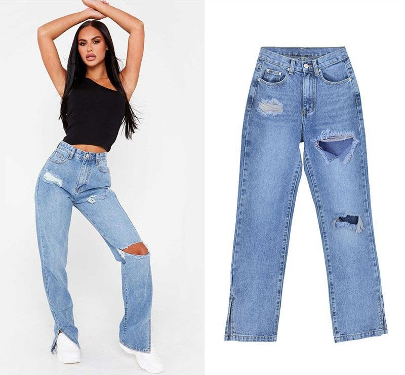 Women Fashion Casual Straight Ripped Jeans