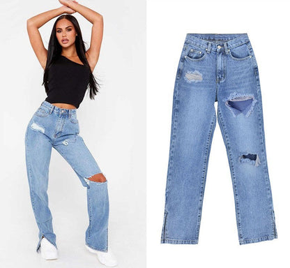 Women Fashion Casual Straight Ripped Jeans