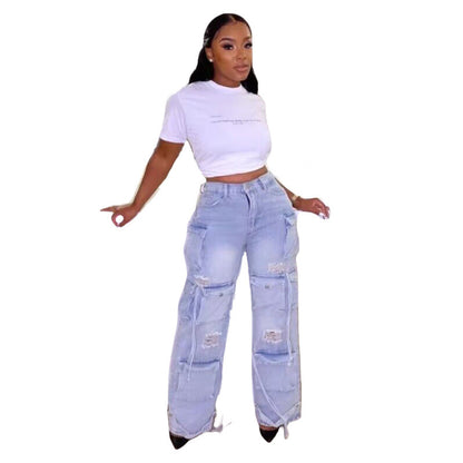 Women Fashion Multi-Pocket Casual Wide-leg Cargo Jeans
