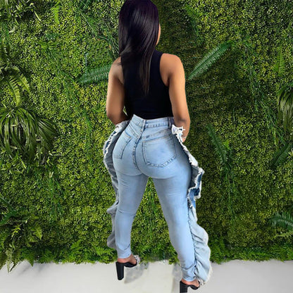 Women Fashion Casual Ripped Ruffled Tassel Skinny Jeans
