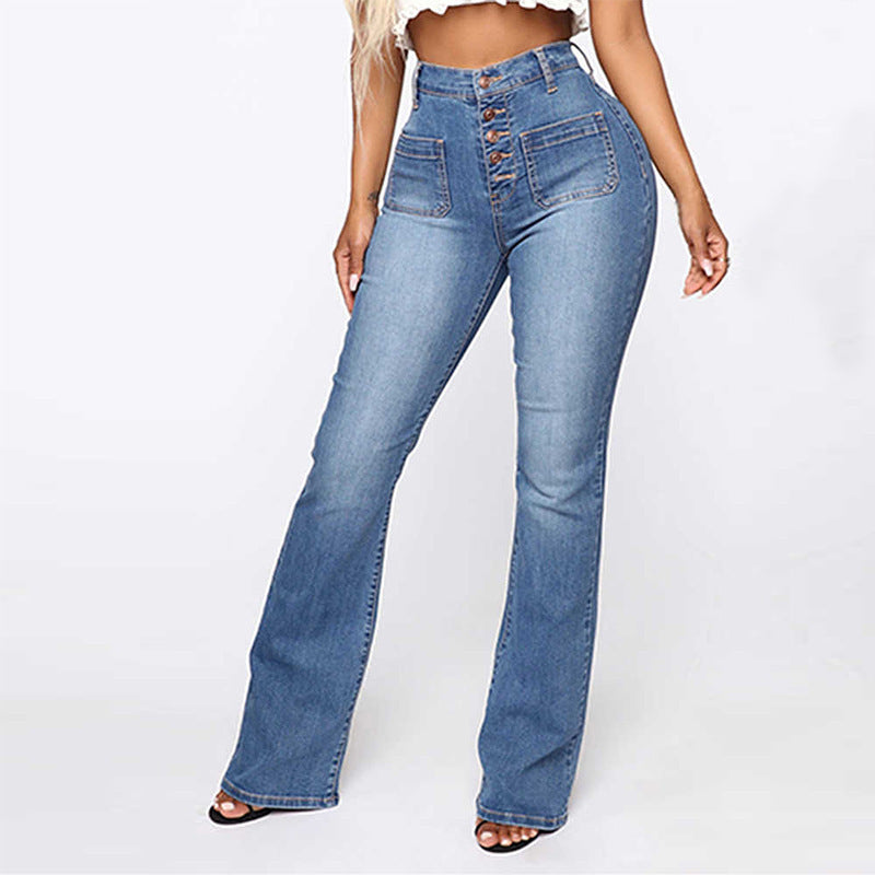 Women Fashion Casual High Waist Pocket Straight Jeans