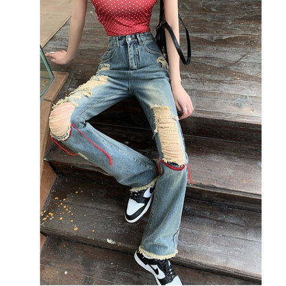 Fashion Casual Women'S Retro High Waist Ripped Jeans