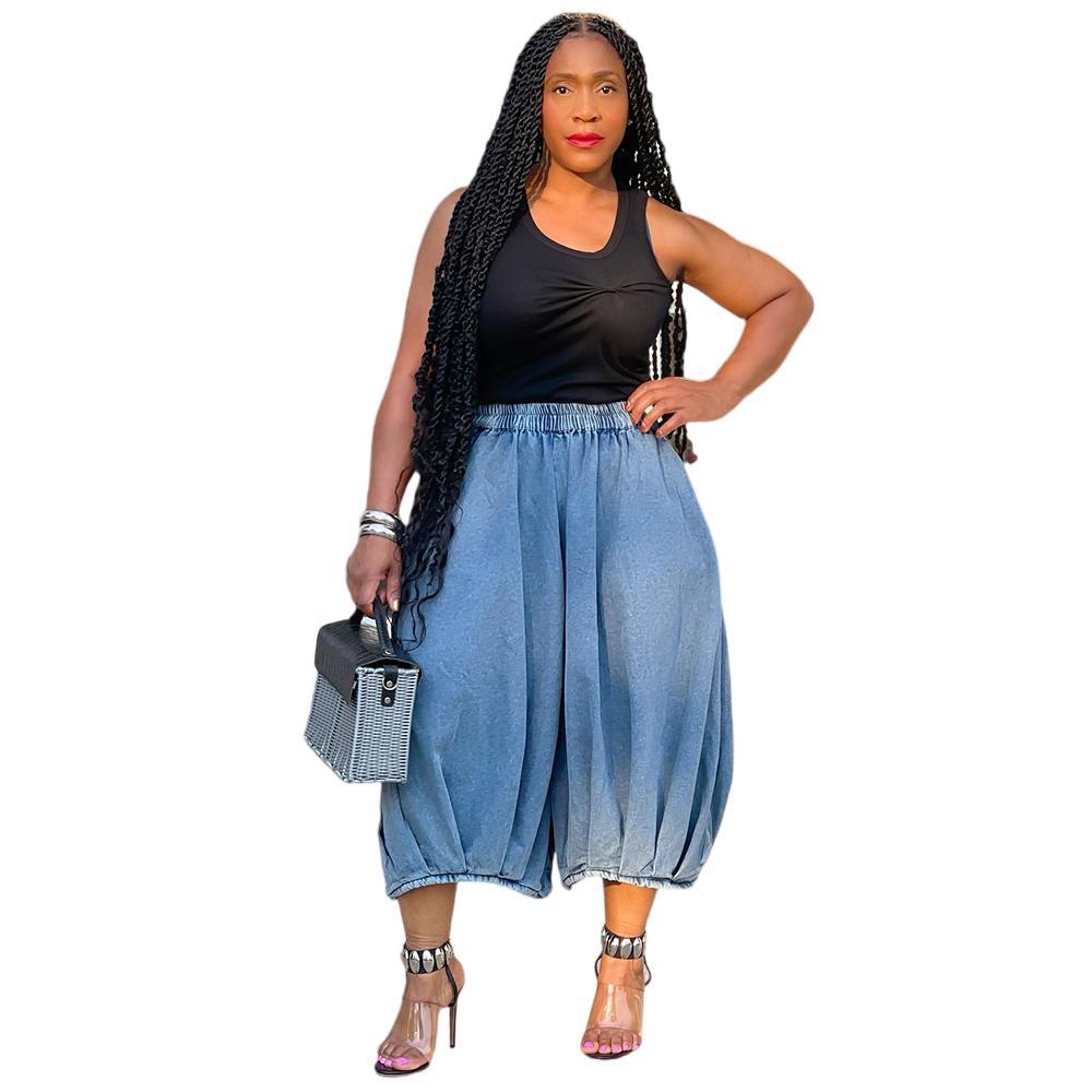 Women Street Fashion Casual Staggable Waist Straight Leg Cropped Wide Leg Jeans
