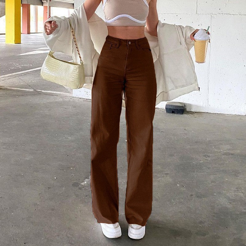 Women Casual Solid Color Basic Straight Jeans Denim Pants