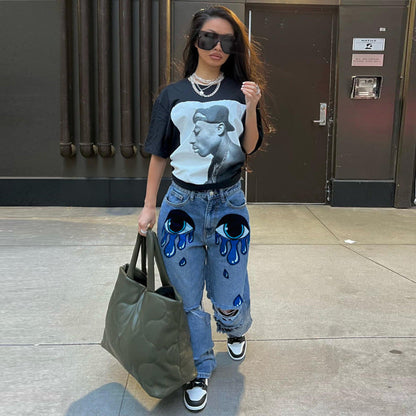 Women Edgy Casual Ripped Eyes Printing Wide Leg Jeans