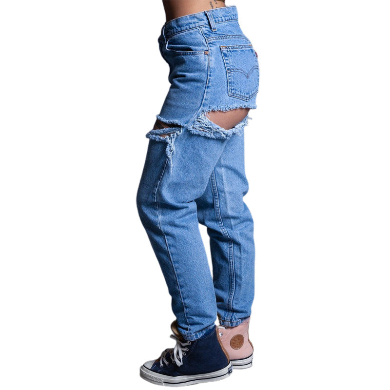 Women Casual Loose High Waist Ripped Jeans