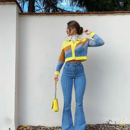 Women Fashion Casual Stripe Print Denim Flared Pants Jeans