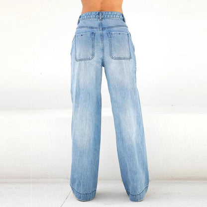 Women Fashion Casual Solid Color Wide Leg Jeans