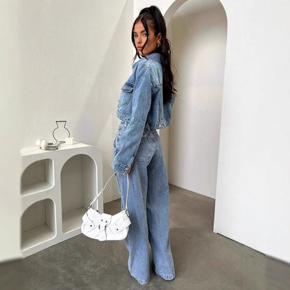 Women Fashion Casual Multi Pocket Wide Leg Jeans