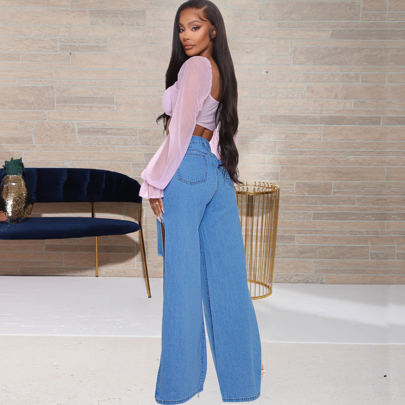 Women Fashion Casual Ripped Slit Jeans