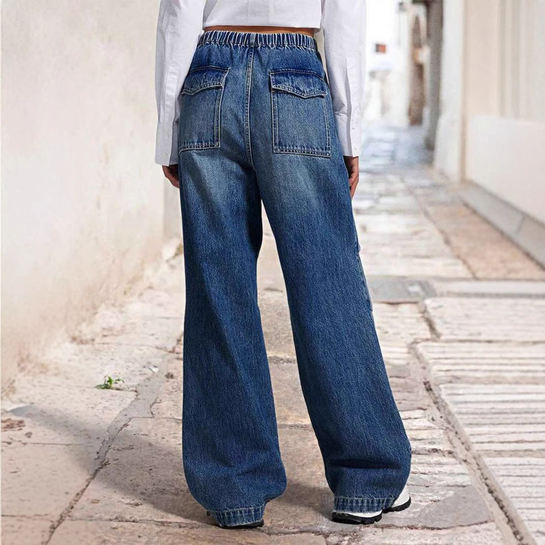 Women Fashion Casual Wide-Leg Pleated Loose Jeans