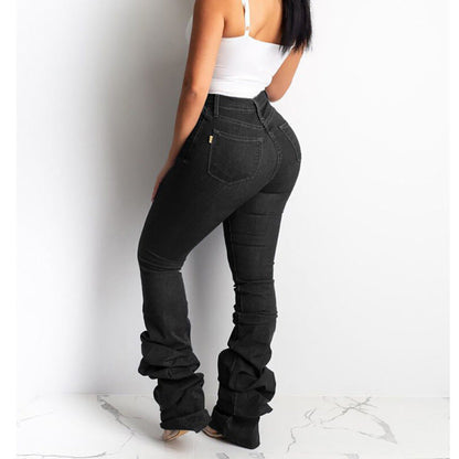 Women Fashion Casual Stretch Creased Flared Jeans