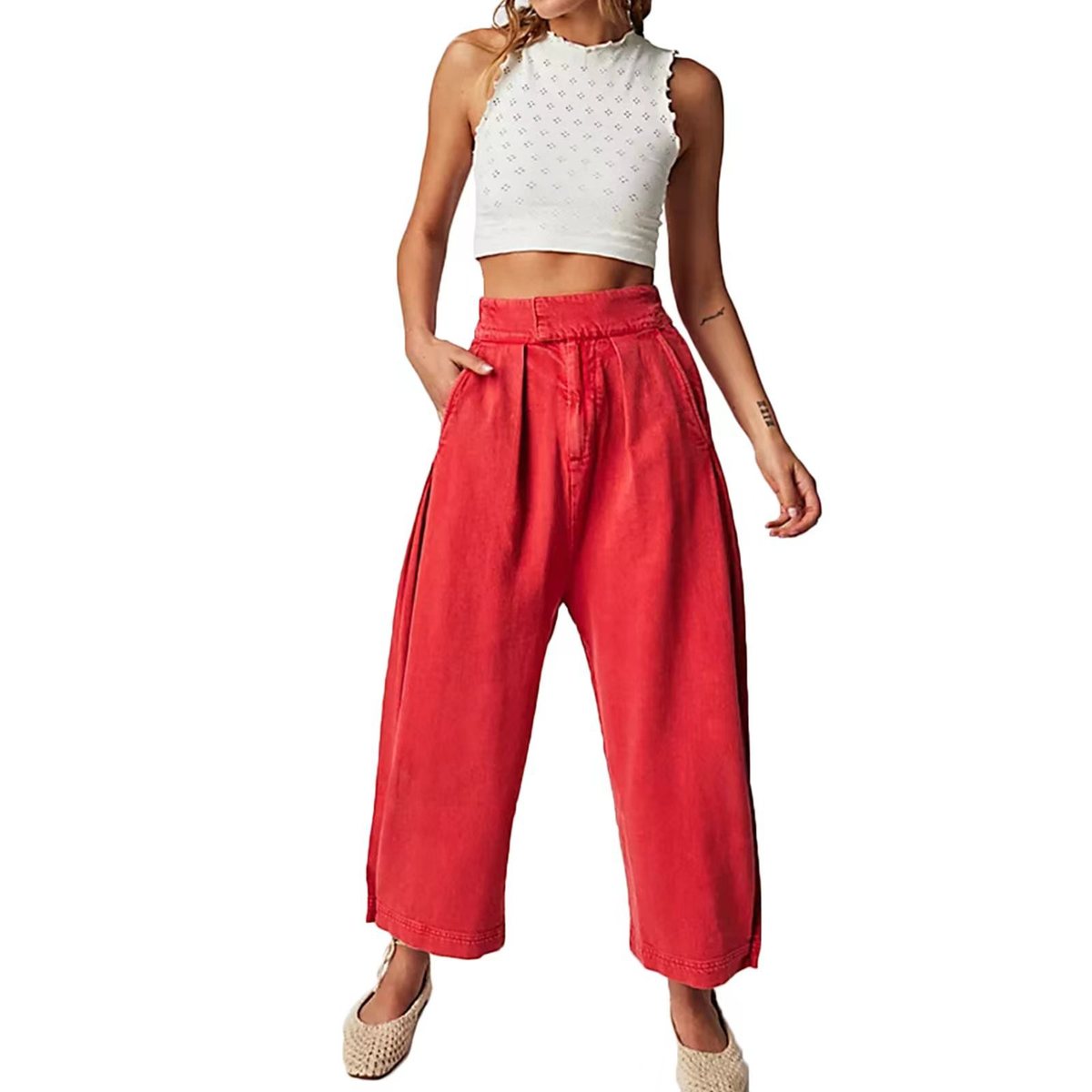 Women Fashion Casual Loose Solid Color Elastic Waisted Jeans