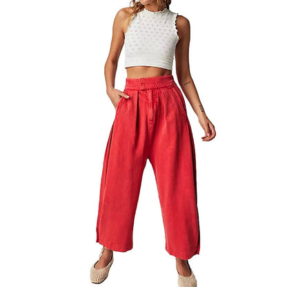 Women Fashion Casual Loose Solid Color Elastic Waisted Jeans