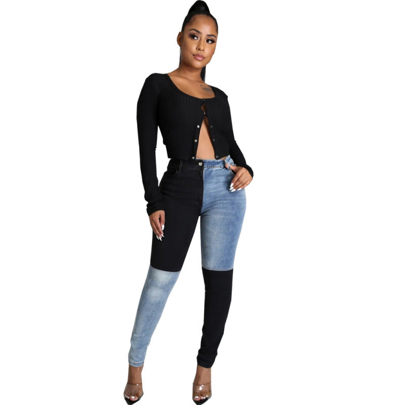 Women Casual Color Blocking Patchwork Skinny Jeans