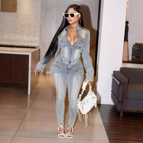Women Fashion Casual Irregular Zipper Long Sleeve Top Tight Jeans Denim Two-Piece Set