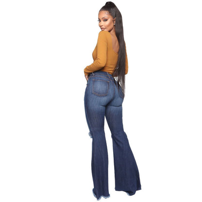 Women Casual Elegant Raw Hem Ripped Flare Jeans