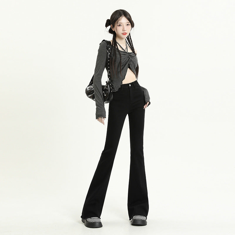Women Fashion Casual Solid Color Raw Hem Denim Flared Jeans
