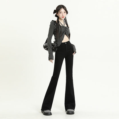 Women Fashion Casual Solid Color Raw Hem Denim Flared Jeans