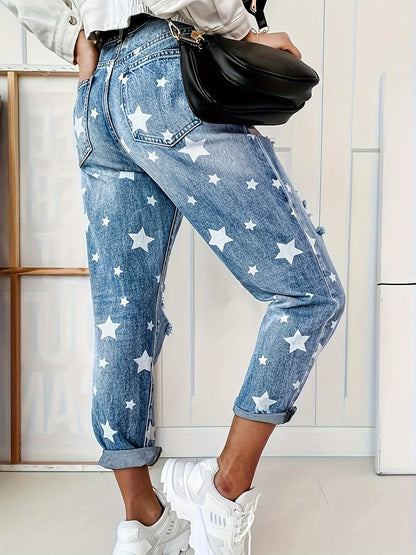 Women Ripped Star Printed Pattern Straight Casual Jeans