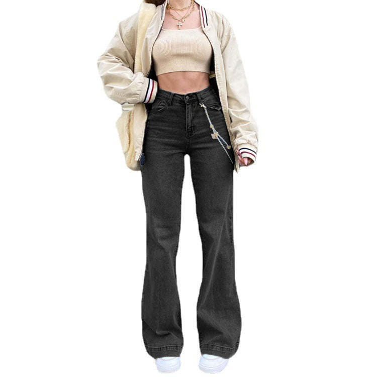 Women Street Casual Mid-Waist Blue Denim Pants Flare Jeans